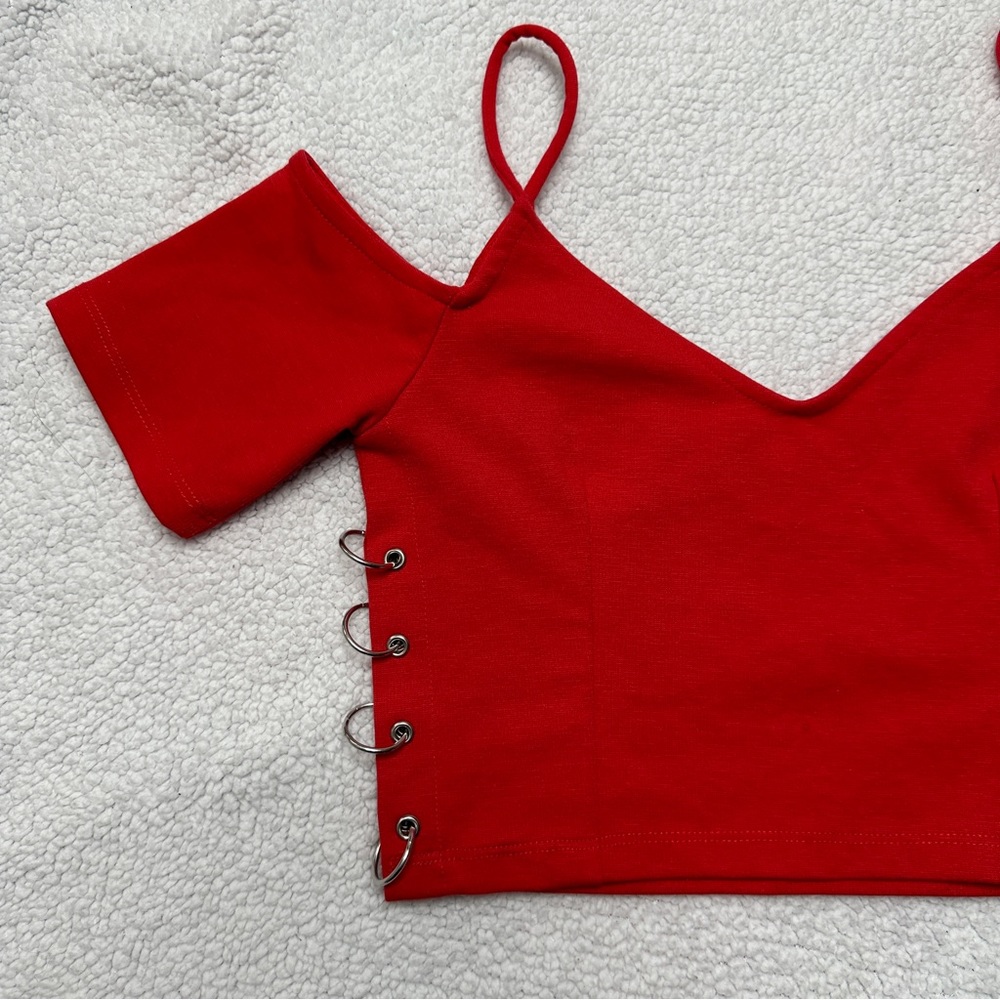 Women’s Red Topshop Cropped Top Cold Shoulder Spaghetti Strap V neck - Picture 3 of 14